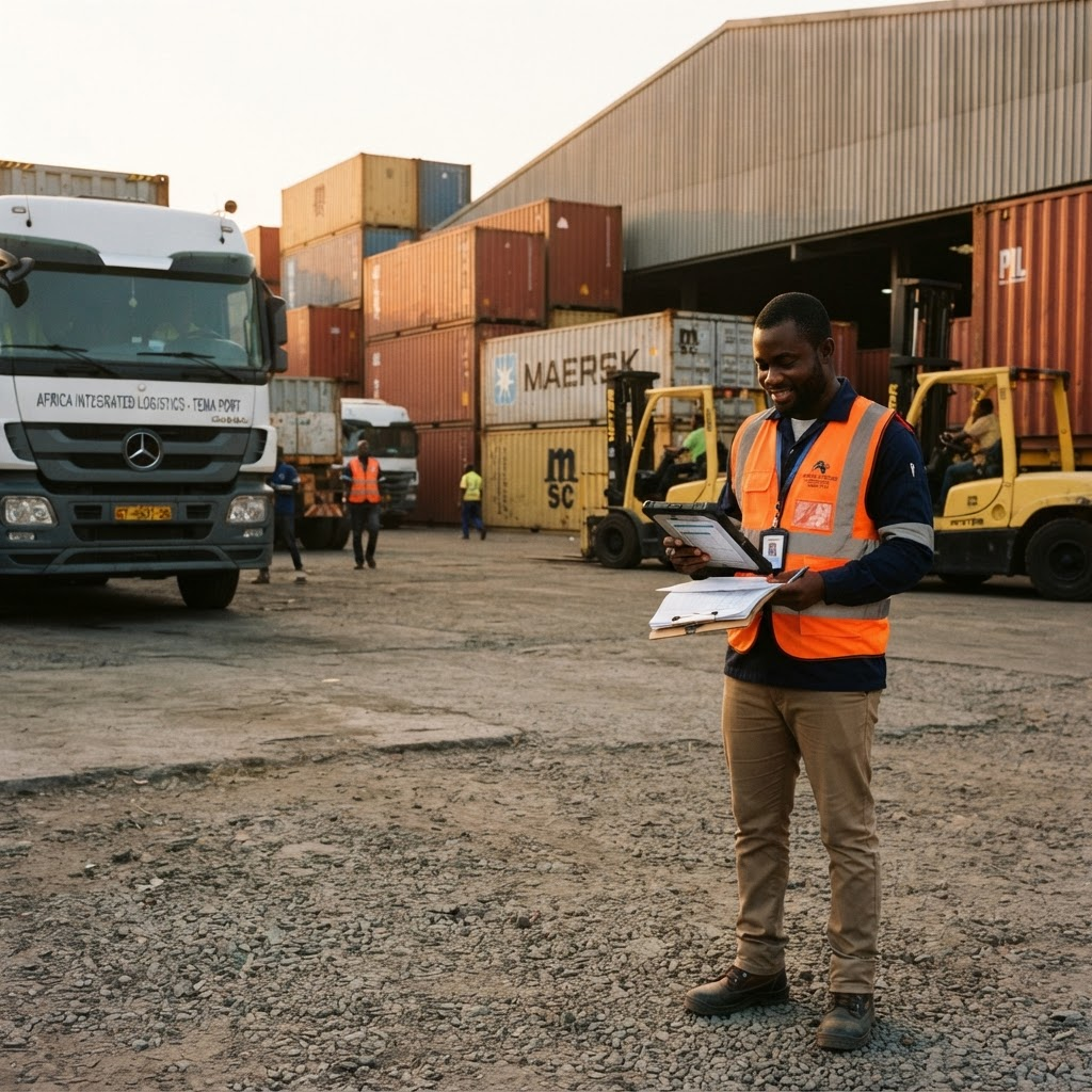 Container port at dawn in Tema, Ghana